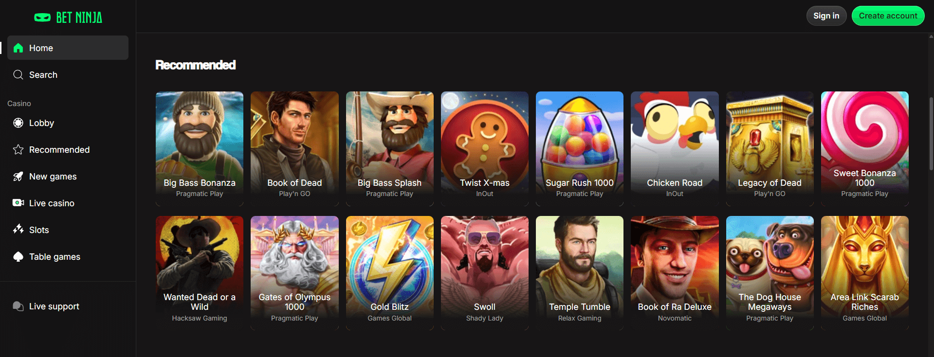 Betninja Casino showing selection of recommended online pokies and site navigation