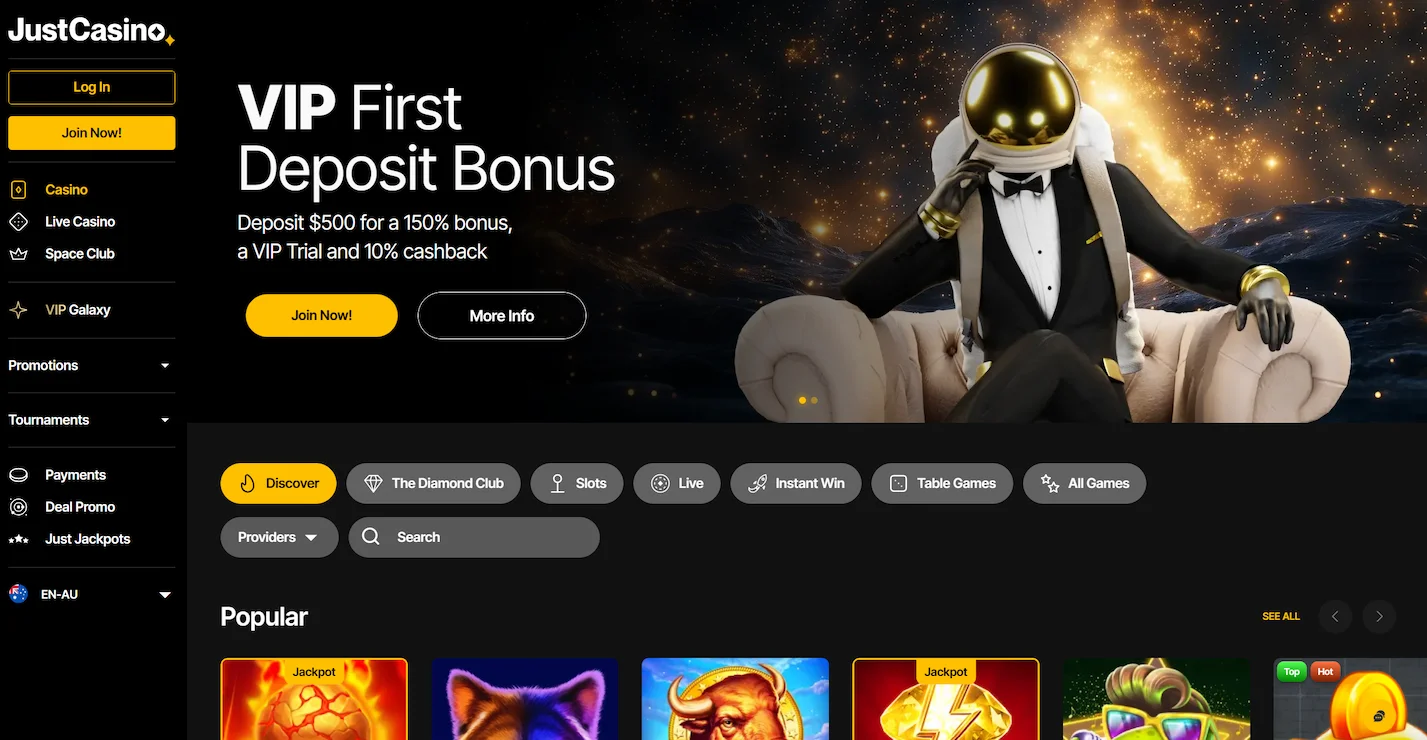 JustCasino showing VIP deposit bonus offer, online pokies and site navigation