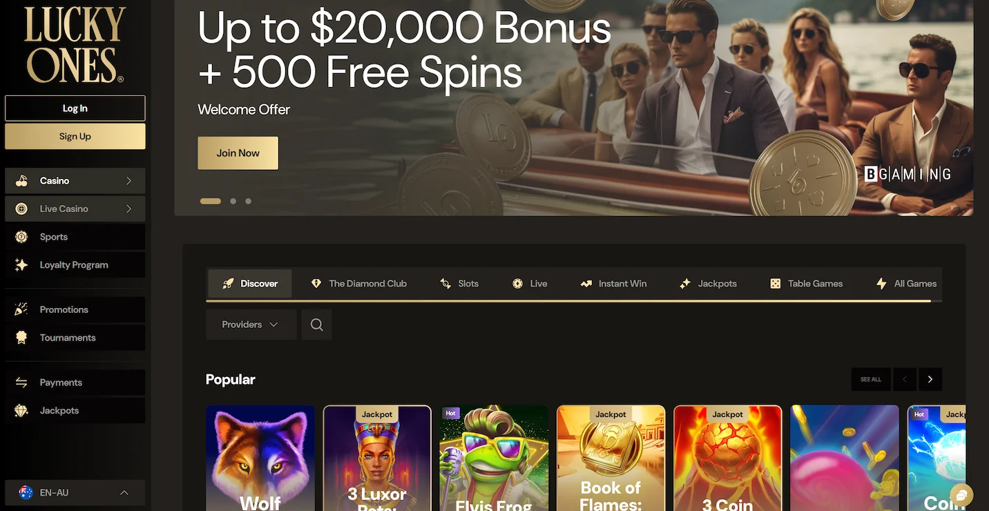 LuckyOnes casino showing welcome bonus offer, popular online pokies and site navigation