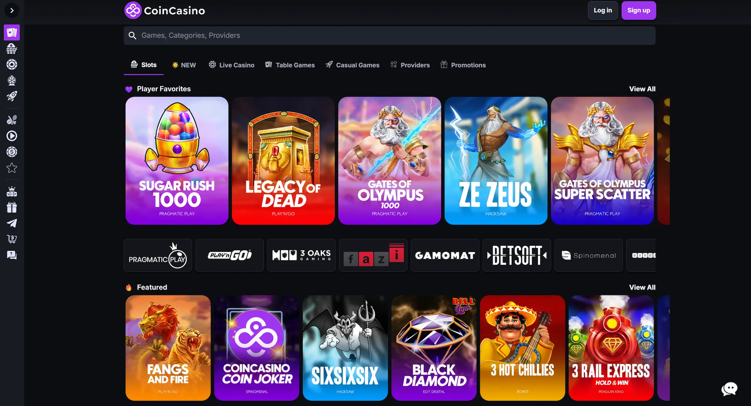CoincCasino showing selection of online pokies, game providers and site navigation