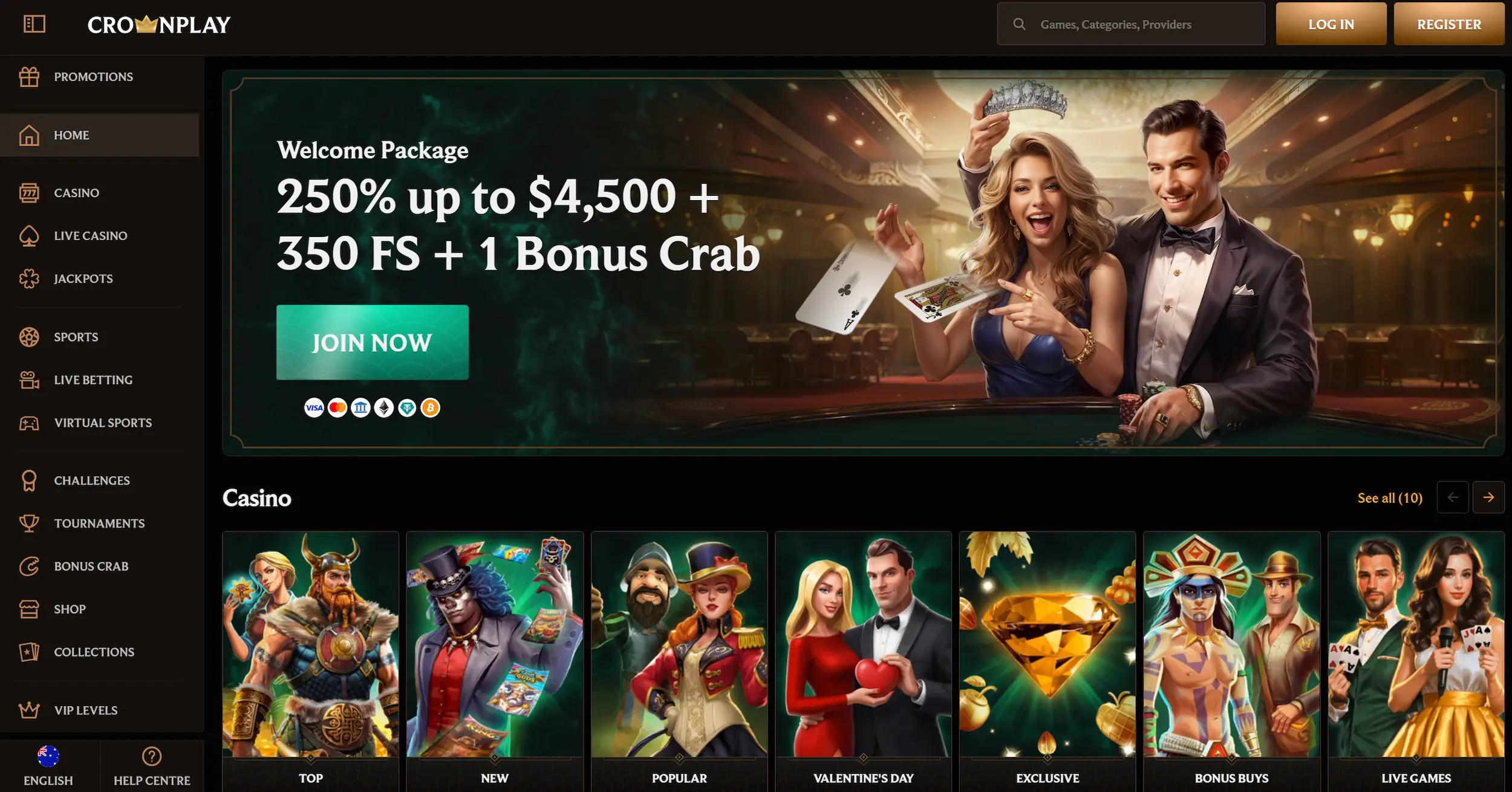 Crownplay casino showing wellcome bonus and site main navigation