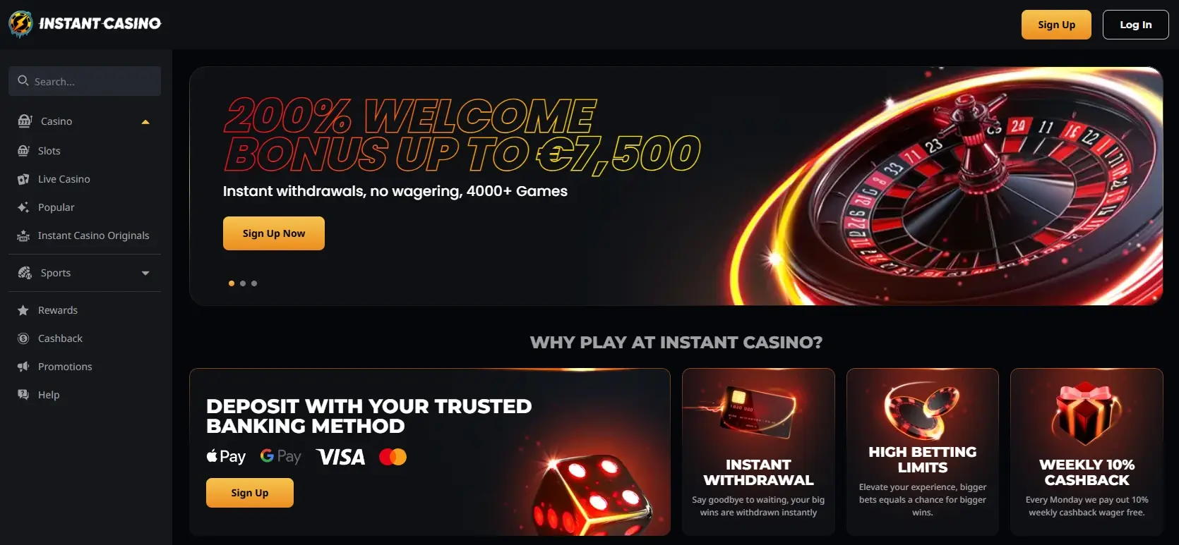 InstantCasino showing welcome bonus offer and site navigation