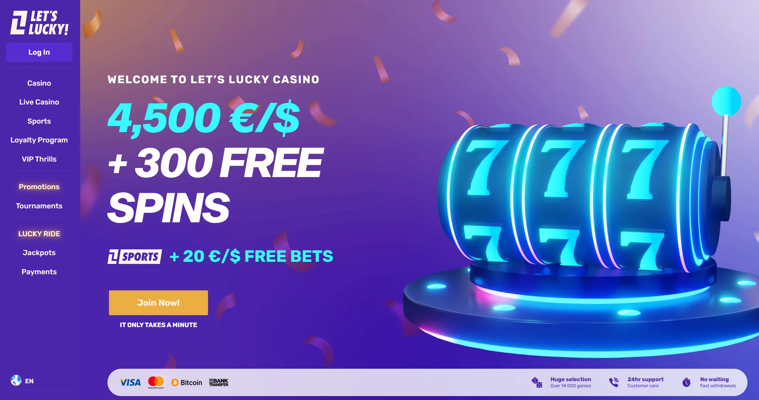 Lets Lucky casino showing welcome offer and site navigation