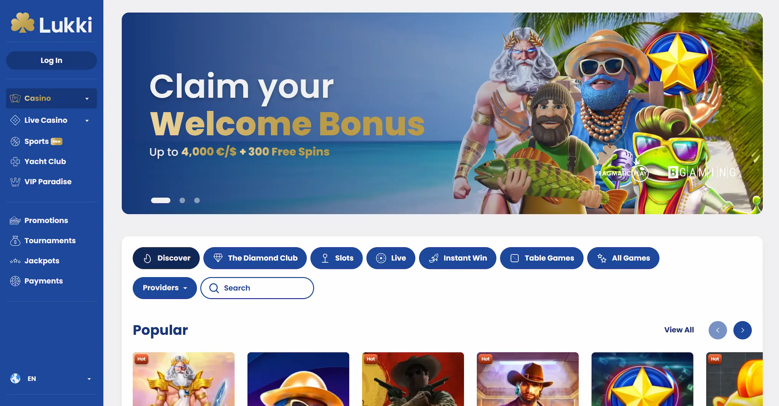 Lukki casino page showing welcome bonus offer, popular online pokies and site navigation